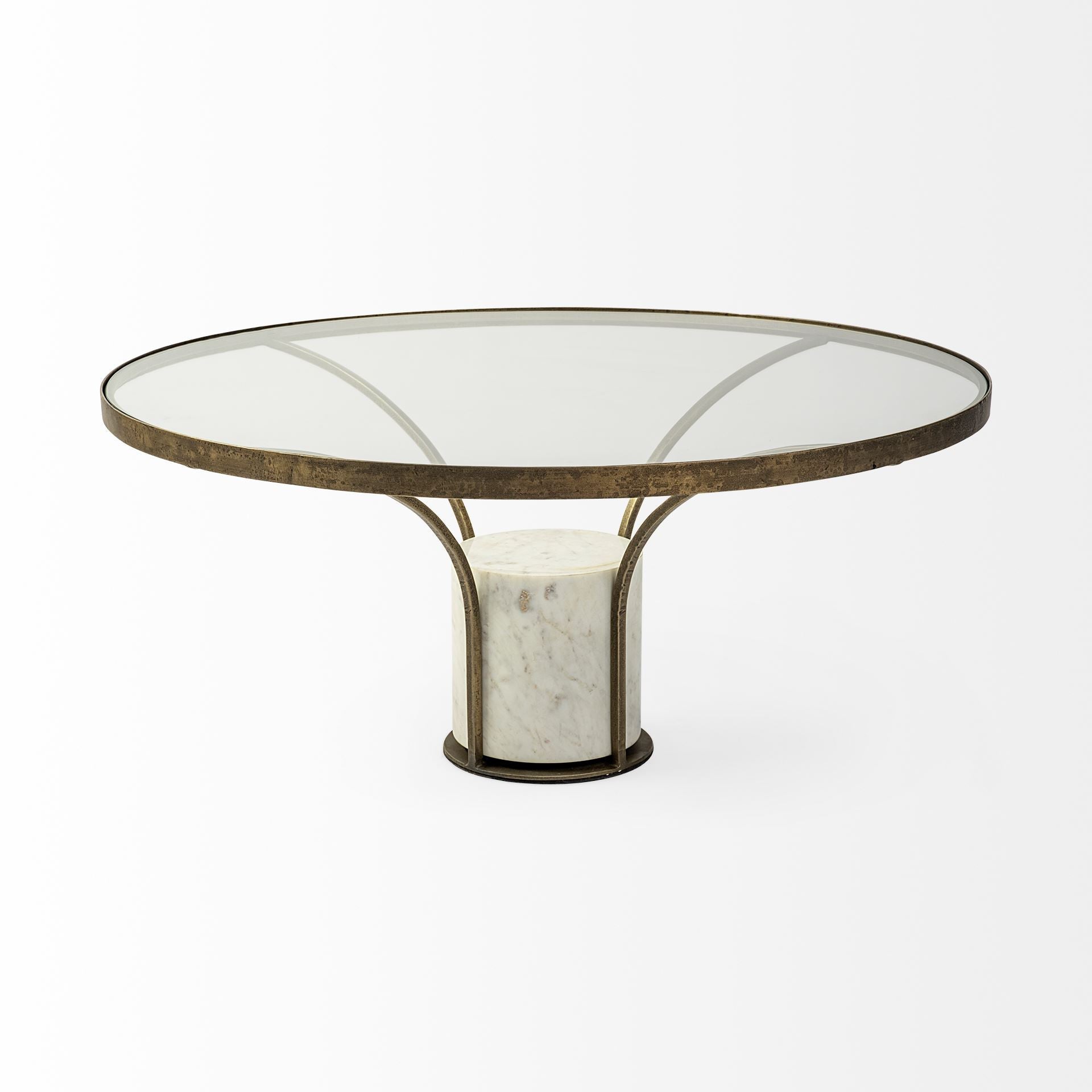Antiqued Gold and White Glass Iron and Marble Round Pedestal Coffee Table