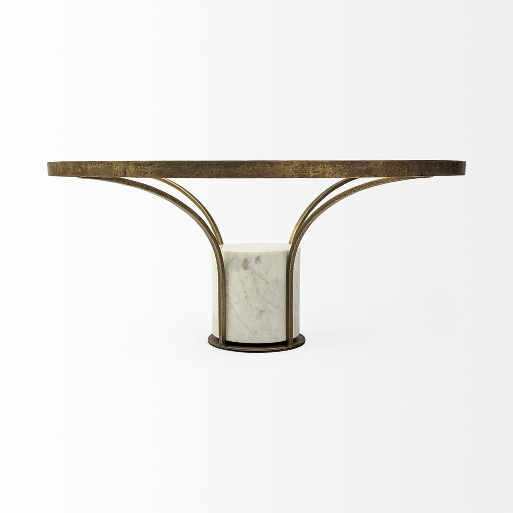 Antiqued Gold and White Glass Iron and Marble Round Pedestal Coffee Table