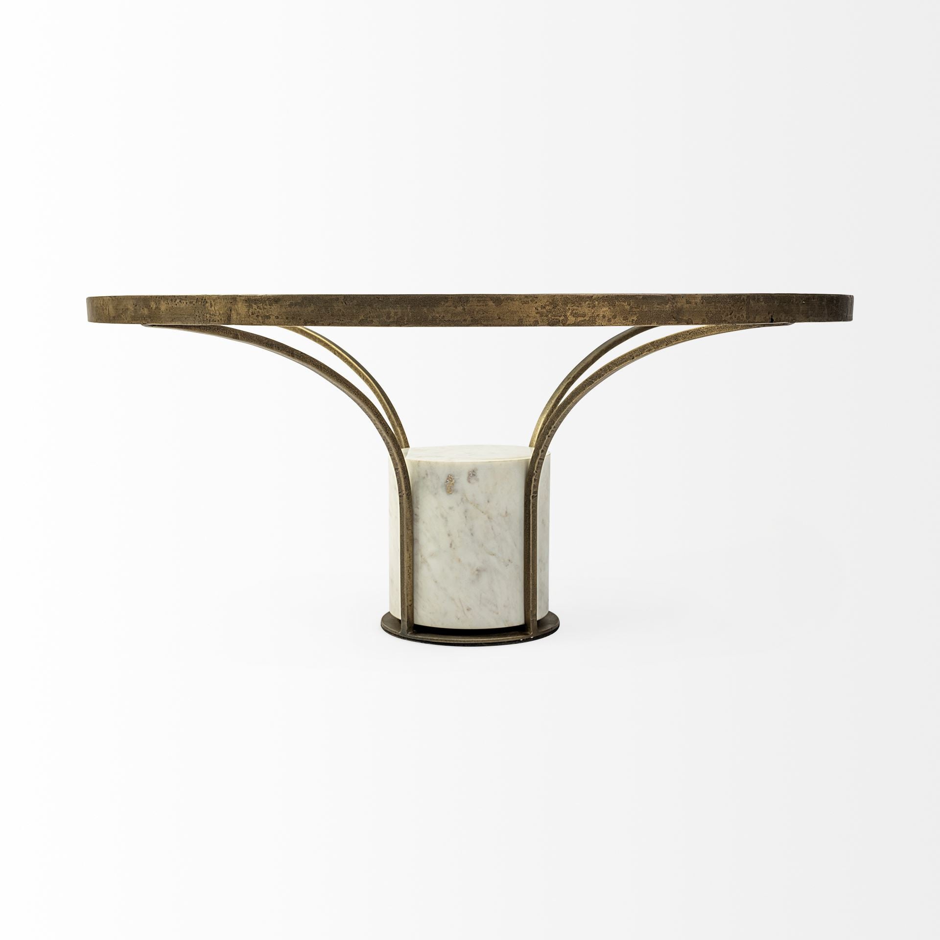 Antiqued Gold and White Glass Iron and Marble Round Pedestal Coffee Table