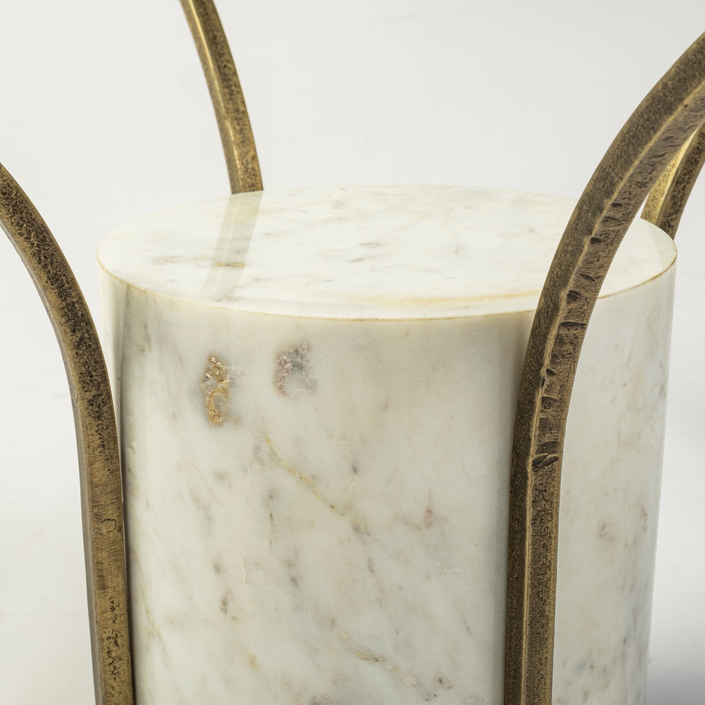 Antiqued Gold and White Glass Iron and Marble Round Pedestal Coffee Table