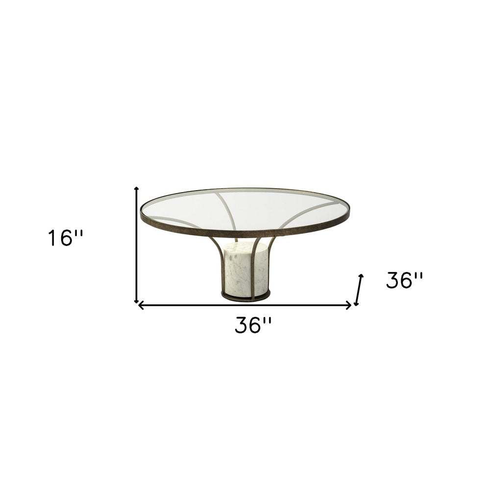 Antiqued Gold and White Glass Iron and Marble Round Pedestal Coffee Table