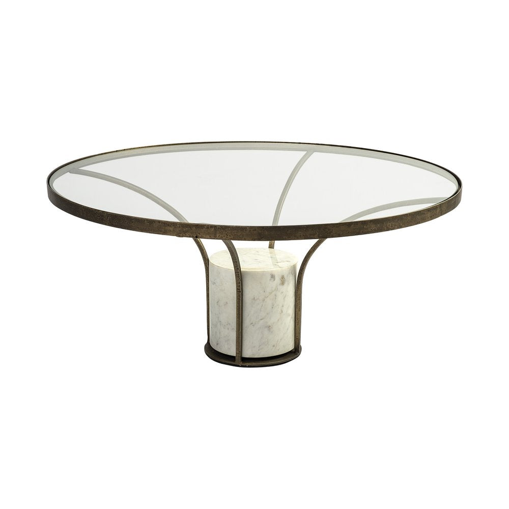 Antiqued Gold and White Glass Iron and Marble Round Pedestal Coffee Table