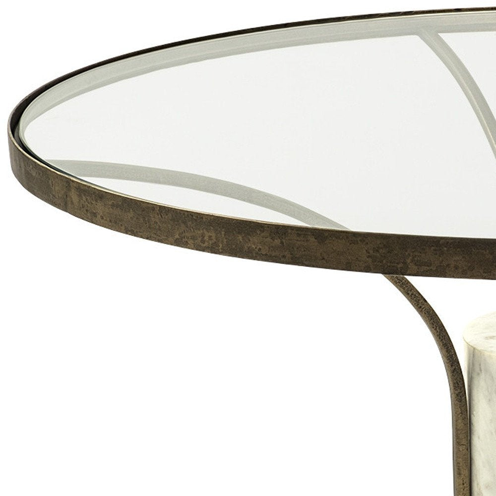 Antiqued Gold and White Glass Iron and Marble Round Pedestal Coffee Table