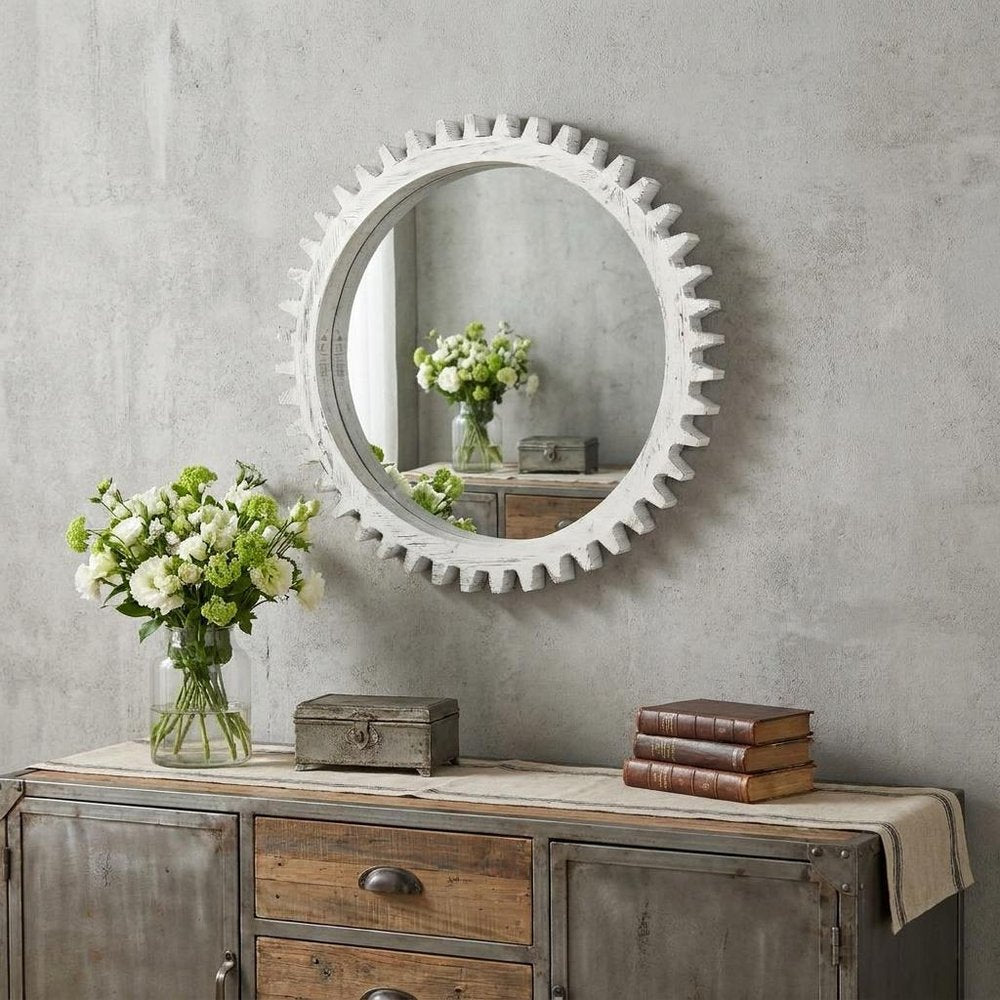 White Abstract Wood Framed Accent Mirror - 35-inch