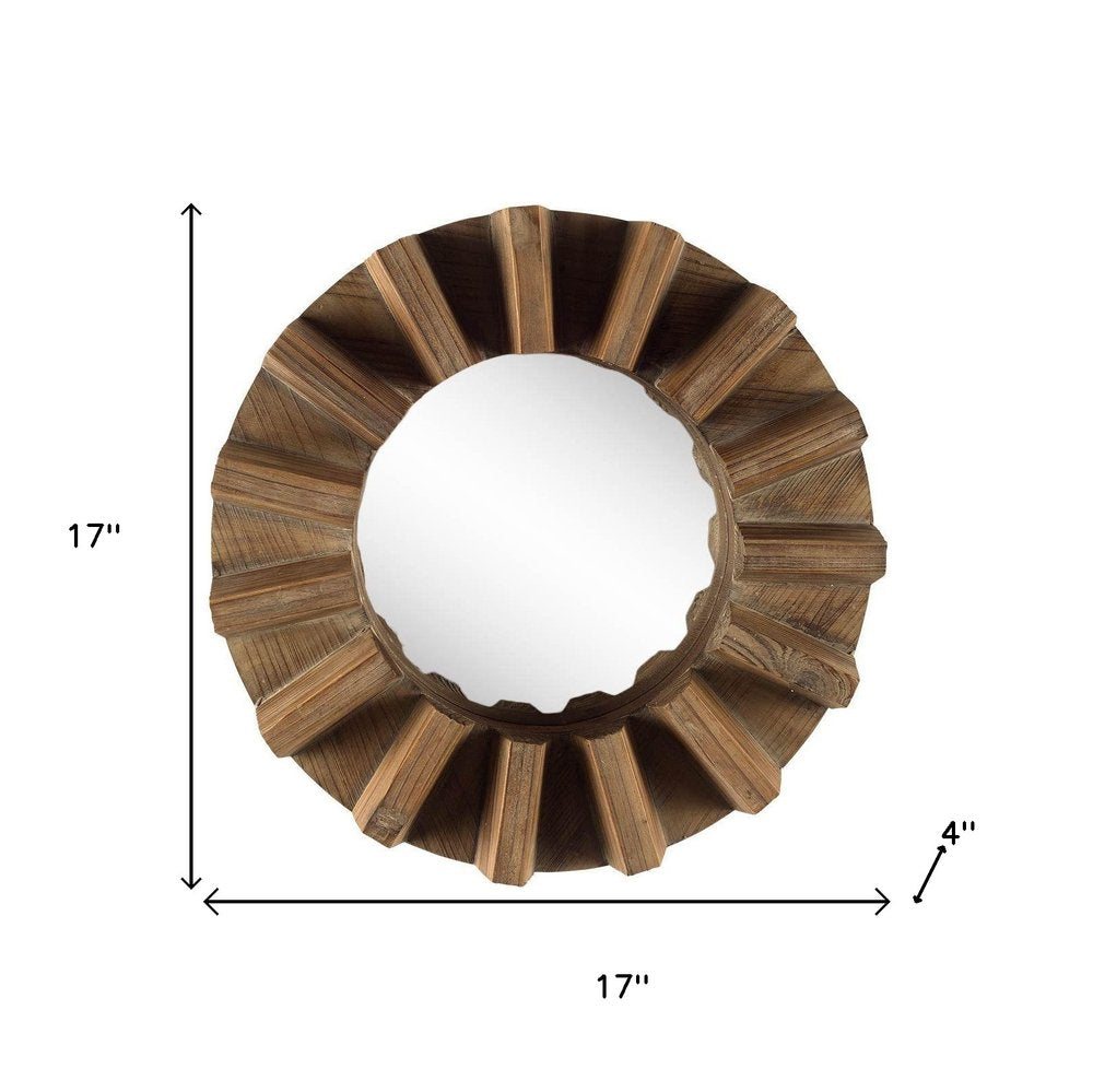 Brown Solid Wood Round Geometric Framed Accent Mirror - 17-inch