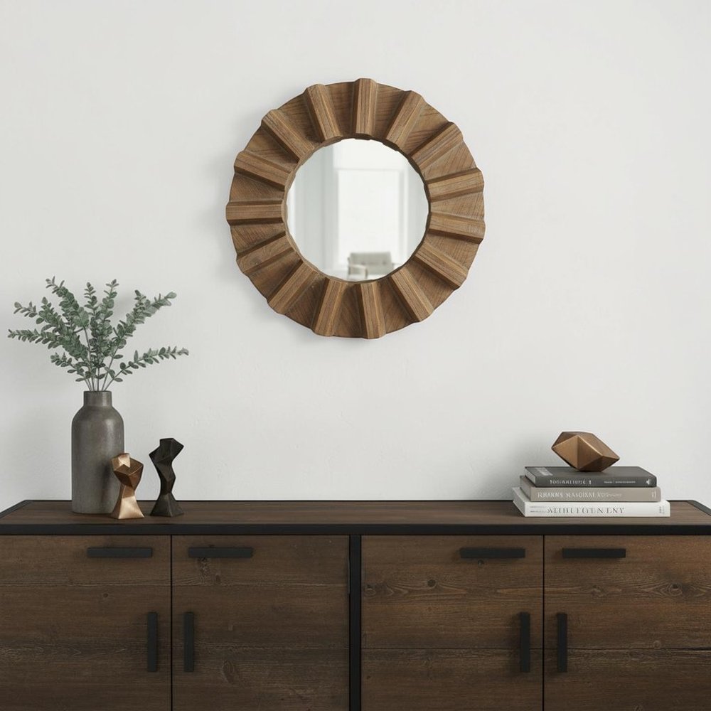 Brown Solid Wood Round Geometric Framed Accent Mirror - 17-inch