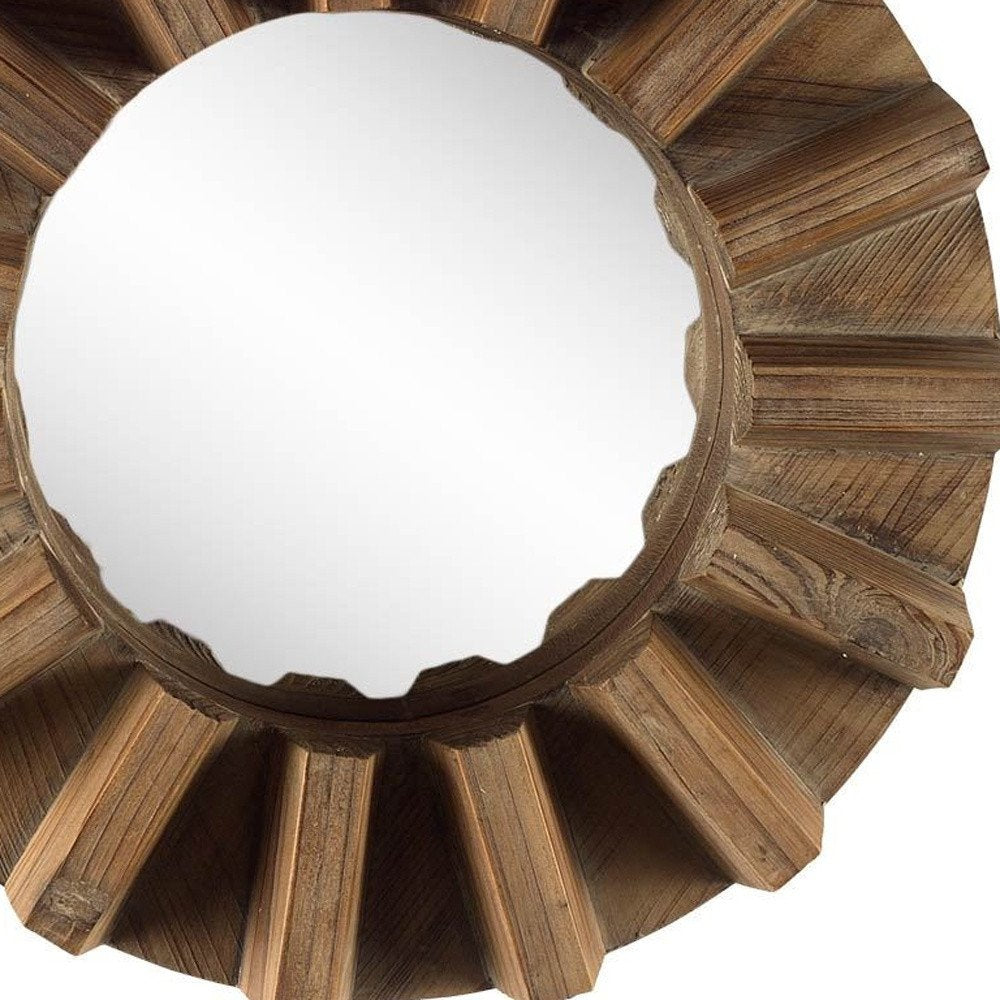 Brown Solid Wood Round Geometric Framed Accent Mirror - 17-inch