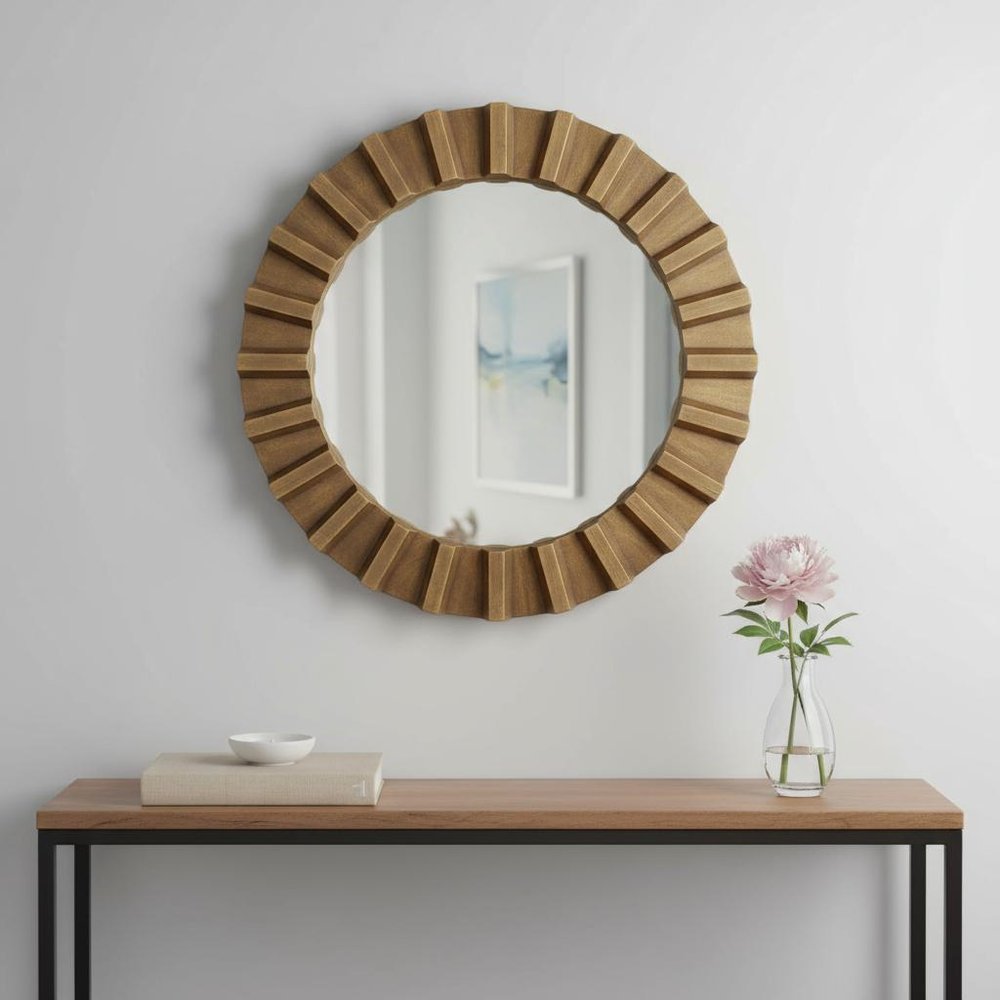 Brown Round Wood Framed Accent Mirror - 26-inch