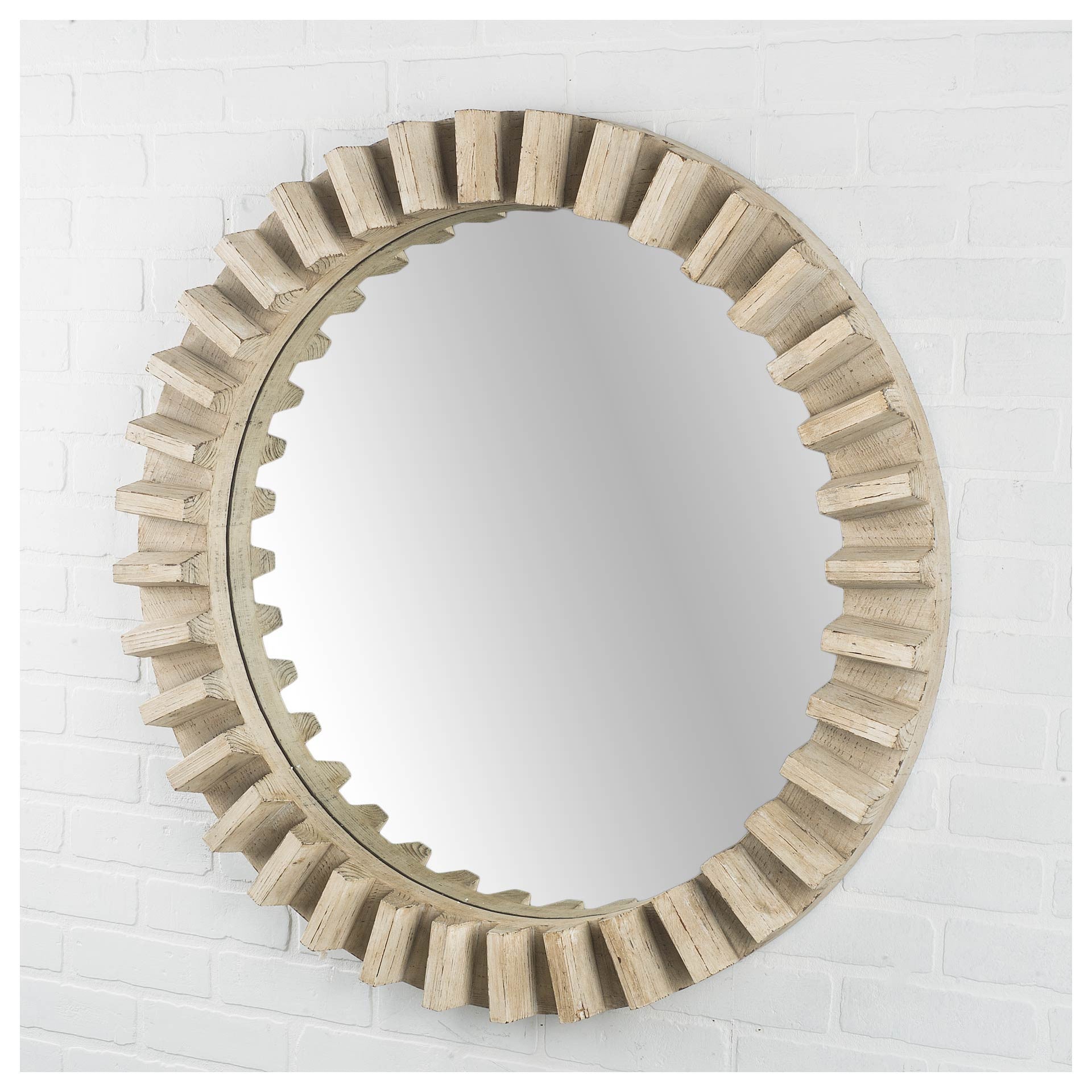 Round Natural Brown Wood Frame Wall Mirror - 35-inch
