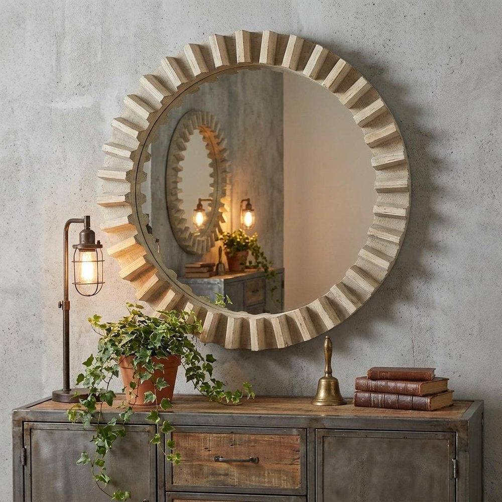 Round Natural Brown Wood Frame Wall Mirror - 35-inch