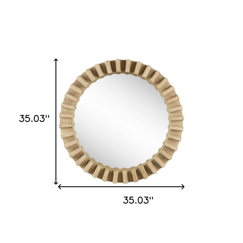 Round Natural Brown Wood Frame Wall Mirror - 35-inch