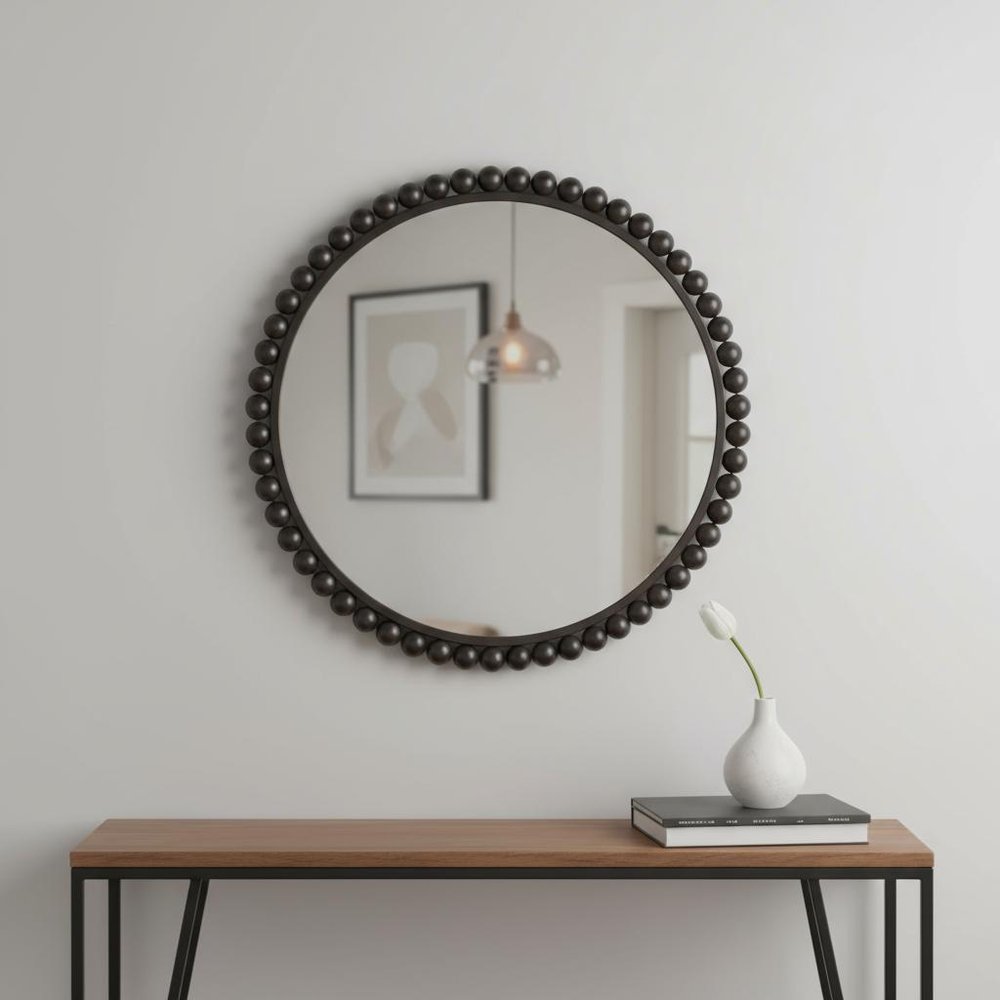 Black Metal Round Beaded Framed Accent Mirror - 43-inch
