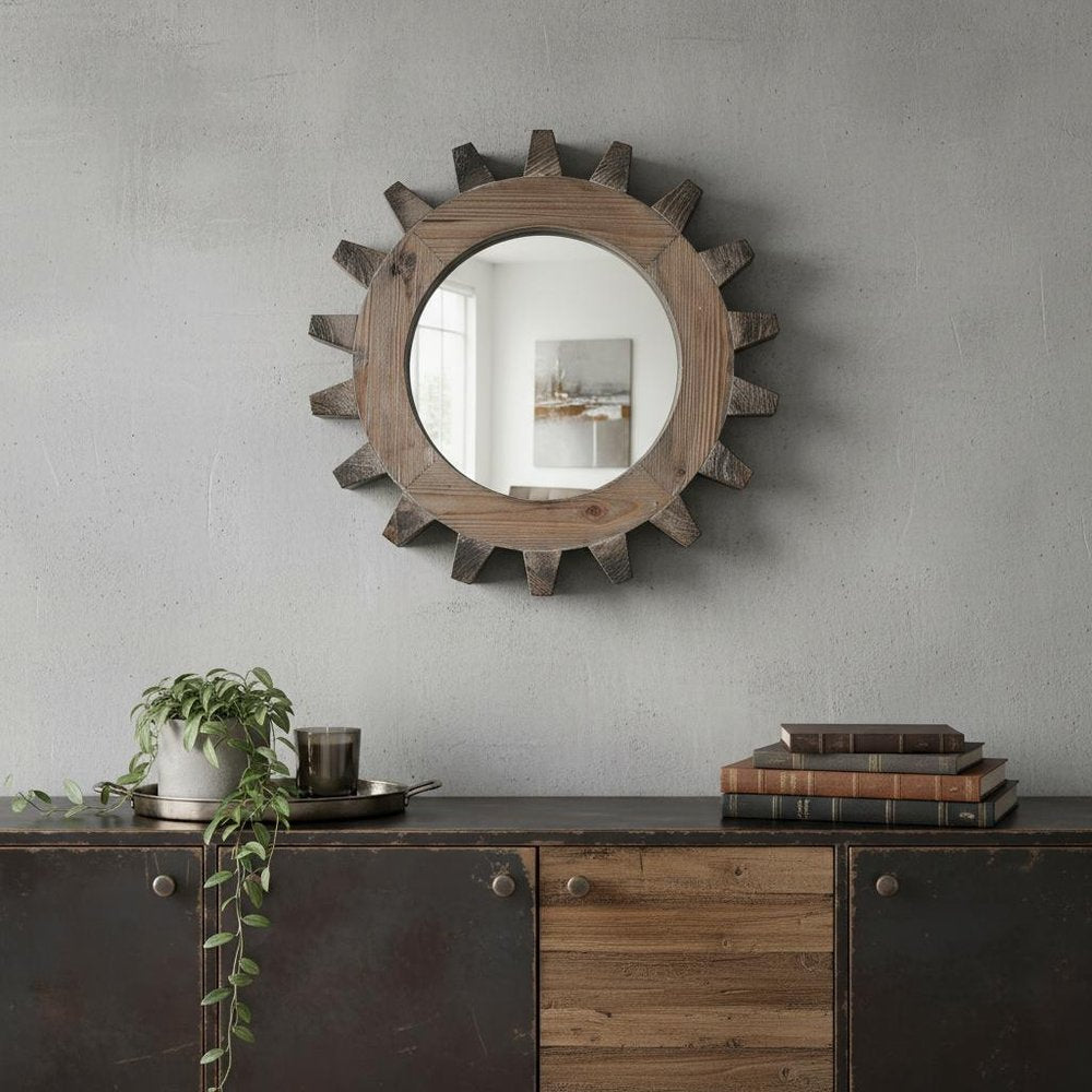 Brown Solid Wood Abstract Framed Accent Mirror - 17-inch