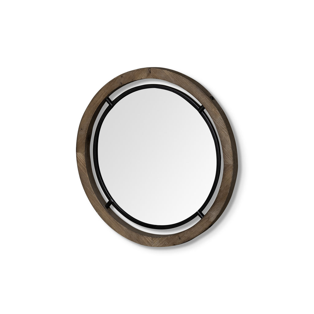 Black and Brown Metal and Solid Wood Round Geometric Framed Accent Mirror