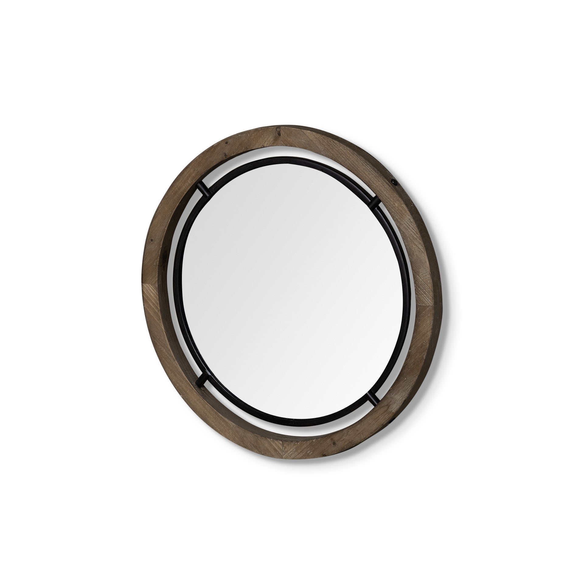 Black and Brown Metal and Solid Wood Round Geometric Framed Accent Mirror