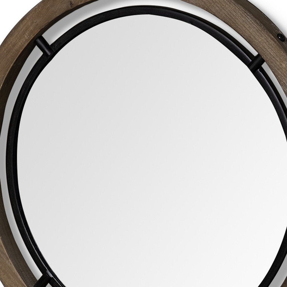 Black and Brown Metal and Solid Wood Round Geometric Framed Accent Mirror