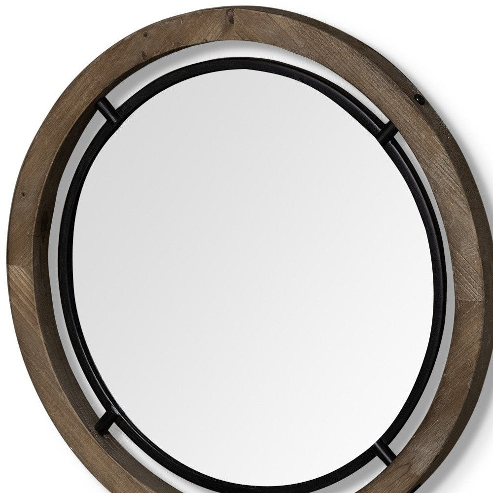 Black and Brown Metal and Solid Wood Round Geometric Framed Accent Mirror