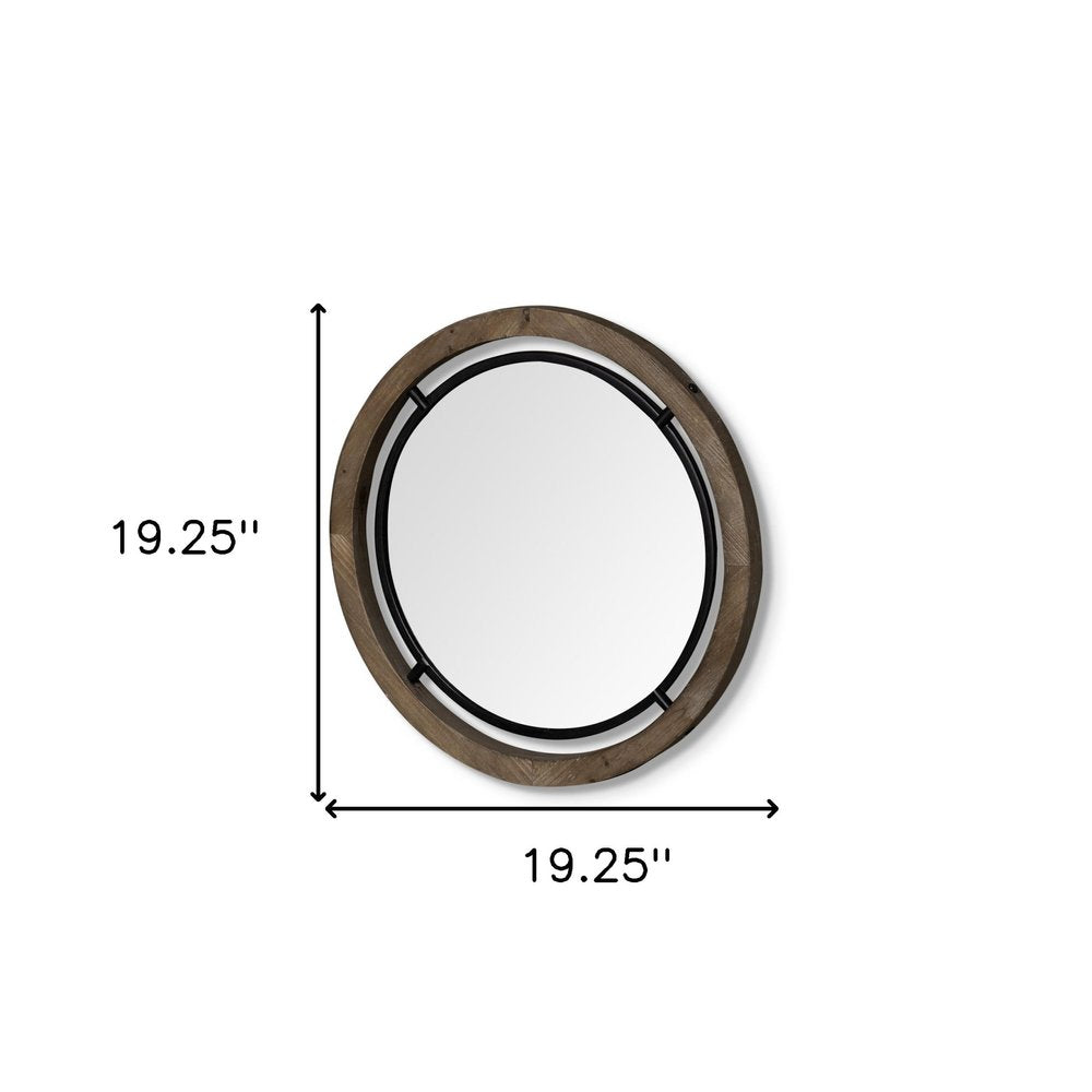Black and Brown Metal and Solid Wood Round Geometric Framed Accent Mirror