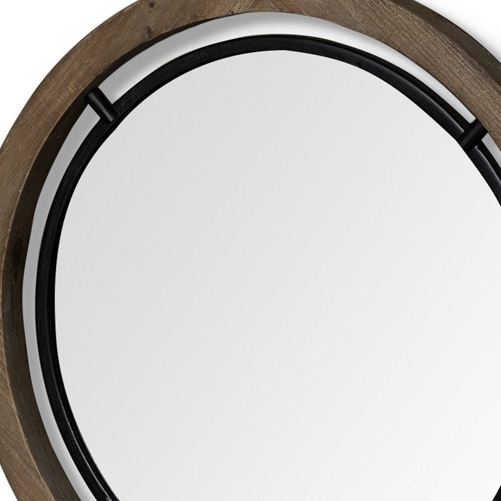 Black and Brown Metal and Solid Wood Round Geometric Framed Accent Mirror