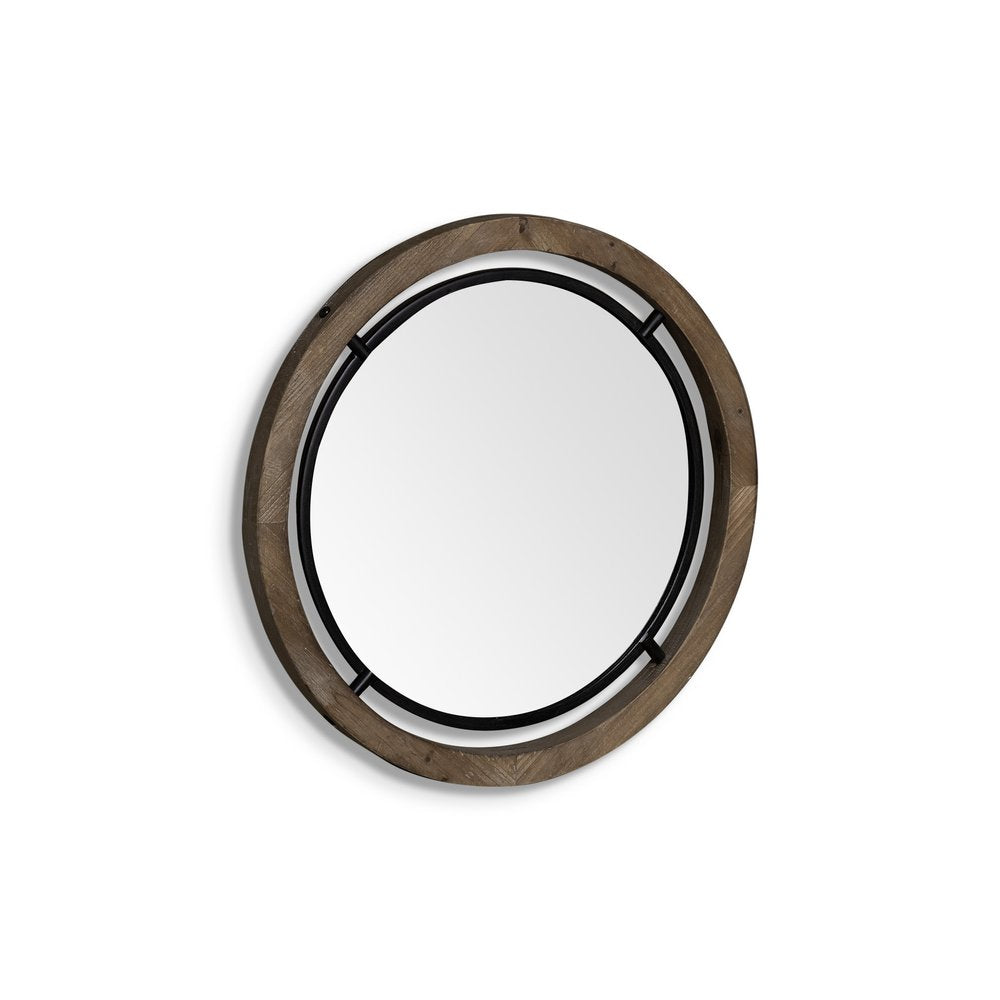 Black and Brown Metal and Solid Wood Round Geometric Framed Accent Mirror