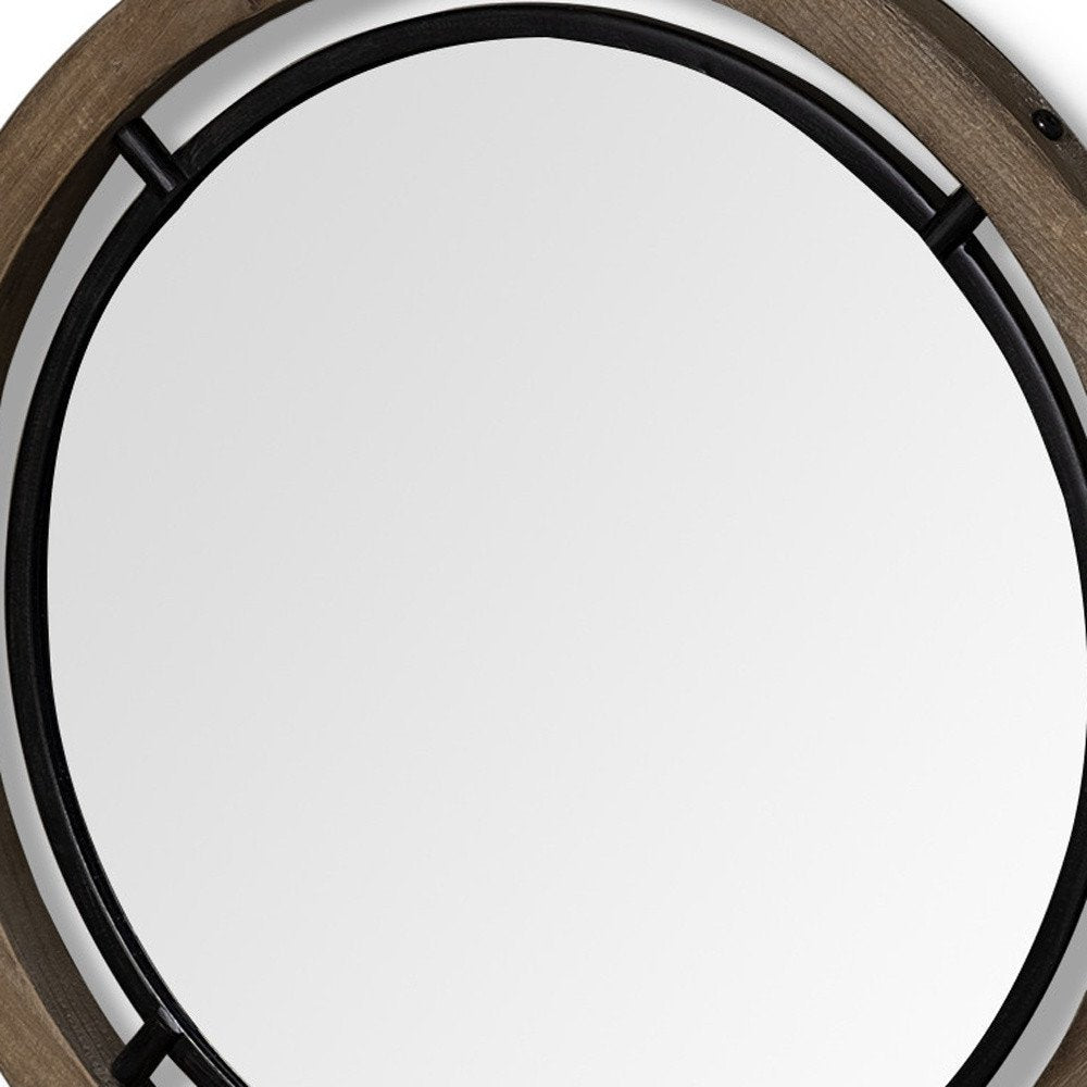 Black and Brown Metal and Solid Wood Round Geometric Framed Accent Mirror