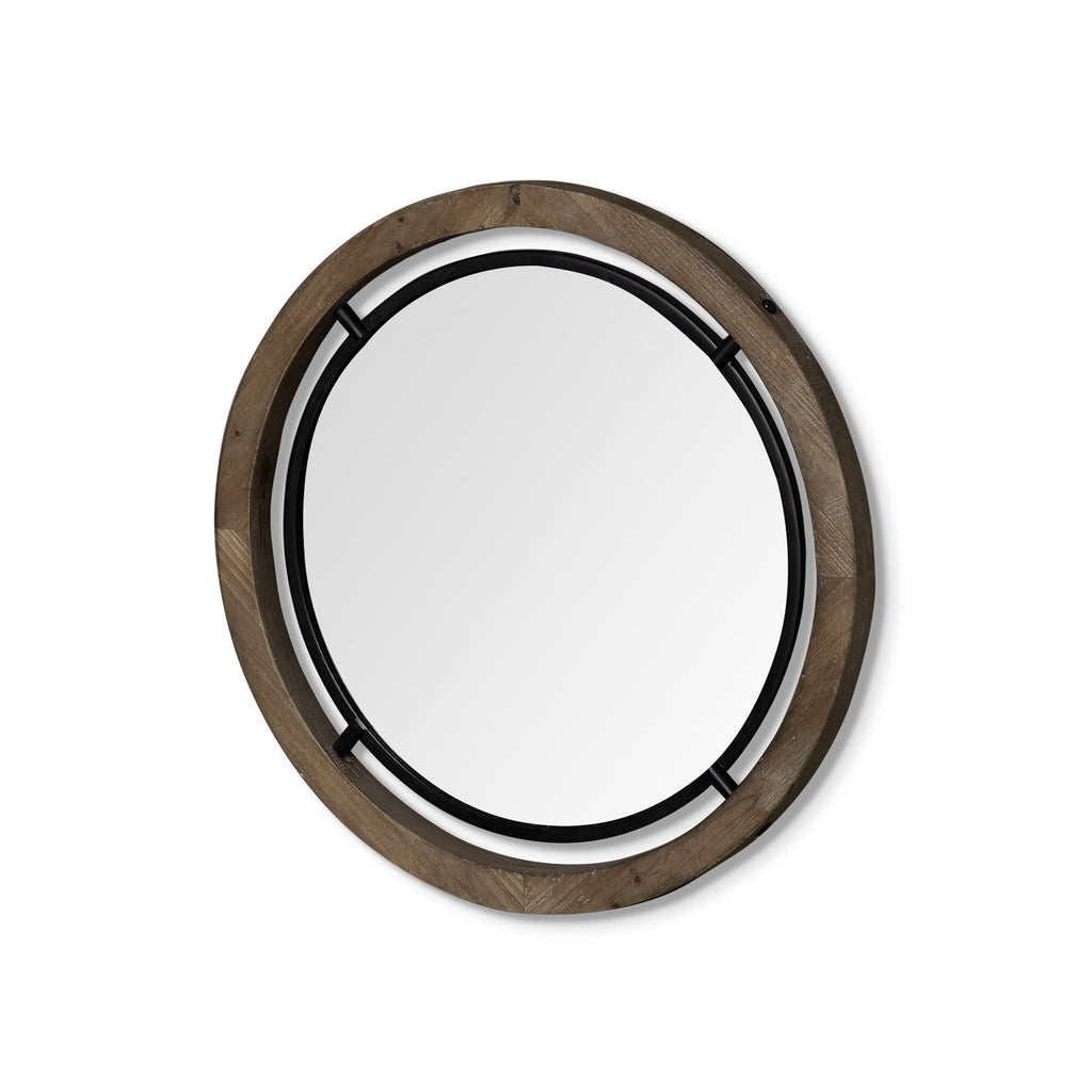 Brown and Black Round Metal and Wood Framed Accent Mirror - 24-inch