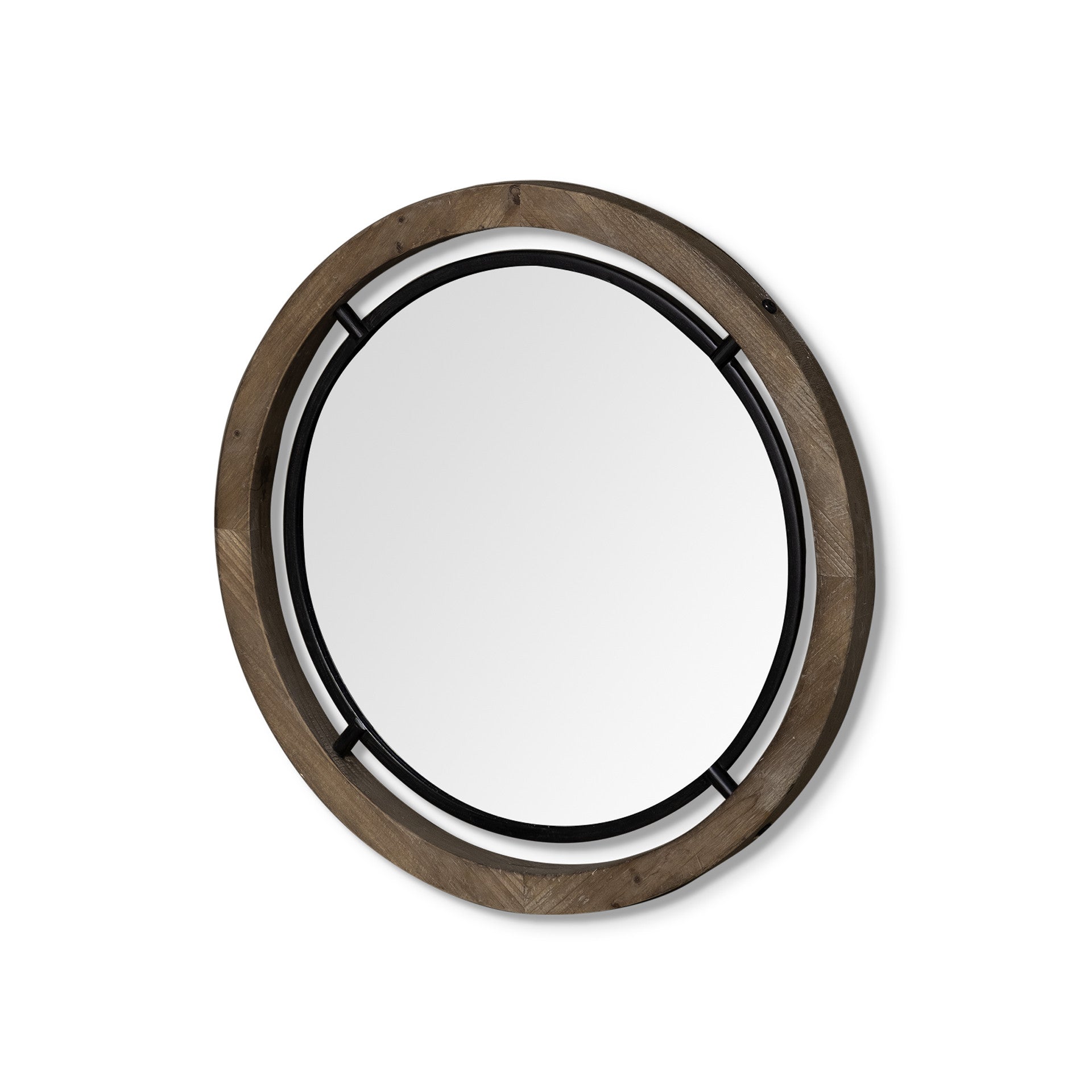 Brown and Black Round Metal and Wood Framed Accent Mirror - 24-inch