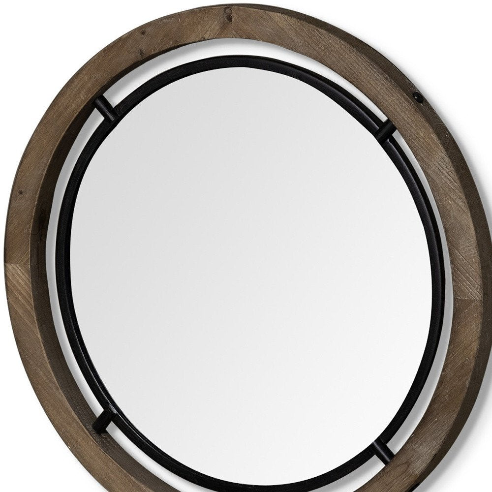 Brown and Black Round Metal and Wood Framed Accent Mirror - 24-inch