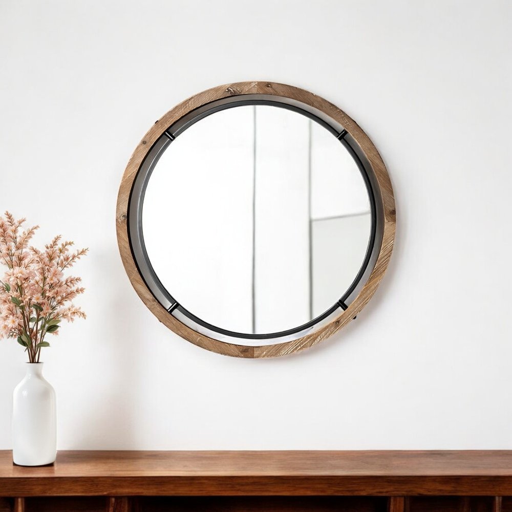 Brown and Black Round Metal and Wood Framed Accent Mirror - 24-inch