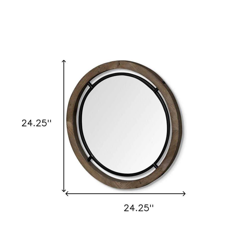 Brown and Black Round Metal and Wood Framed Accent Mirror - 24-inch