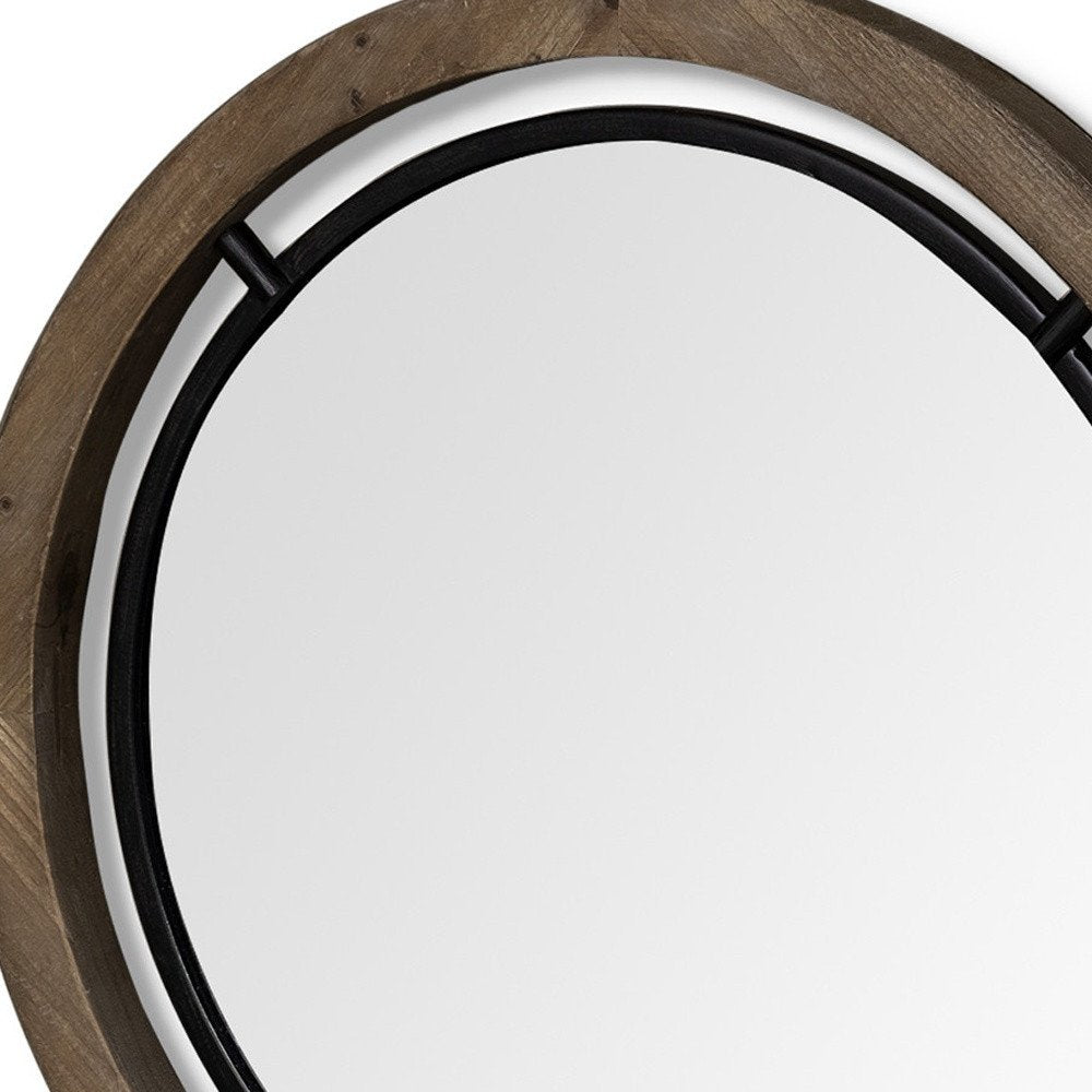 Brown and Black Round Metal and Wood Framed Accent Mirror - 24-inch