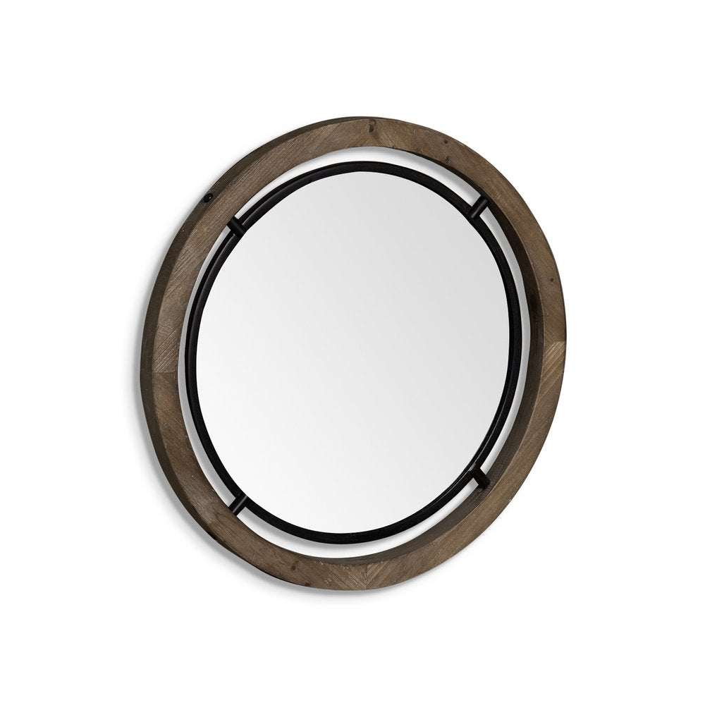 Brown and Black Round Metal and Wood Framed Accent Mirror - 24-inch
