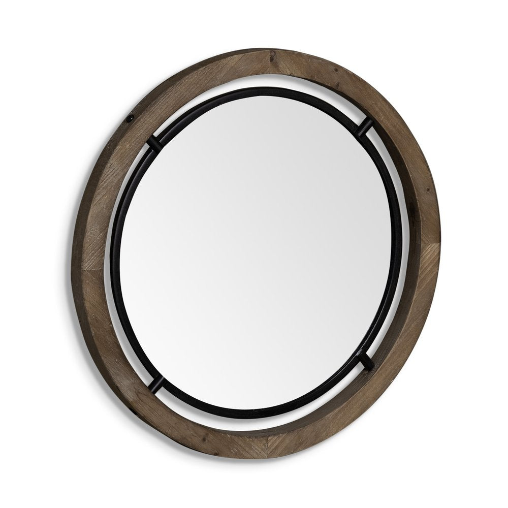 Brown Round Wood Framed Accent Mirror - 28-inch