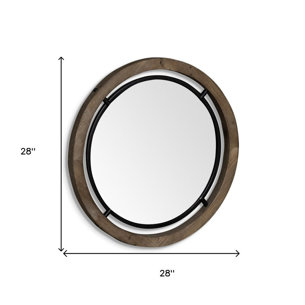 Brown Round Wood Framed Accent Mirror - 28-inch