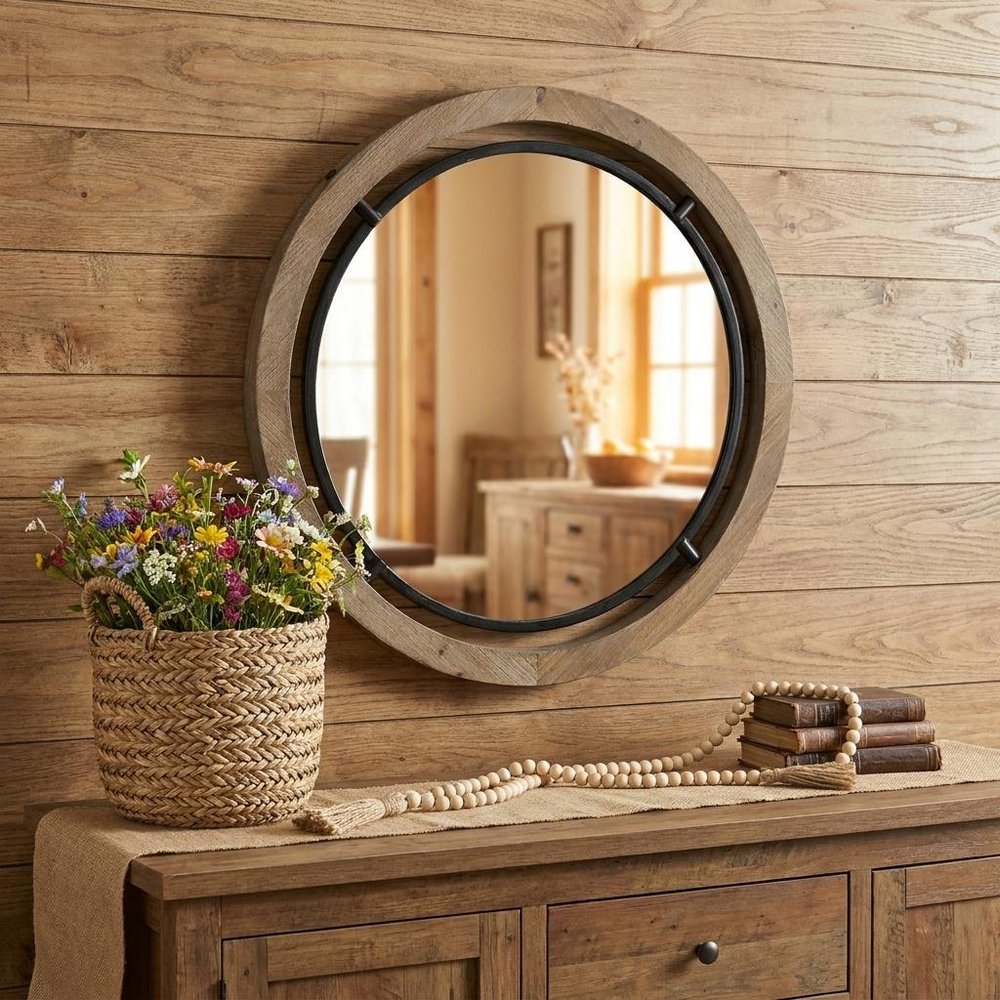 Brown Round Wood Framed Accent Mirror - 28-inch