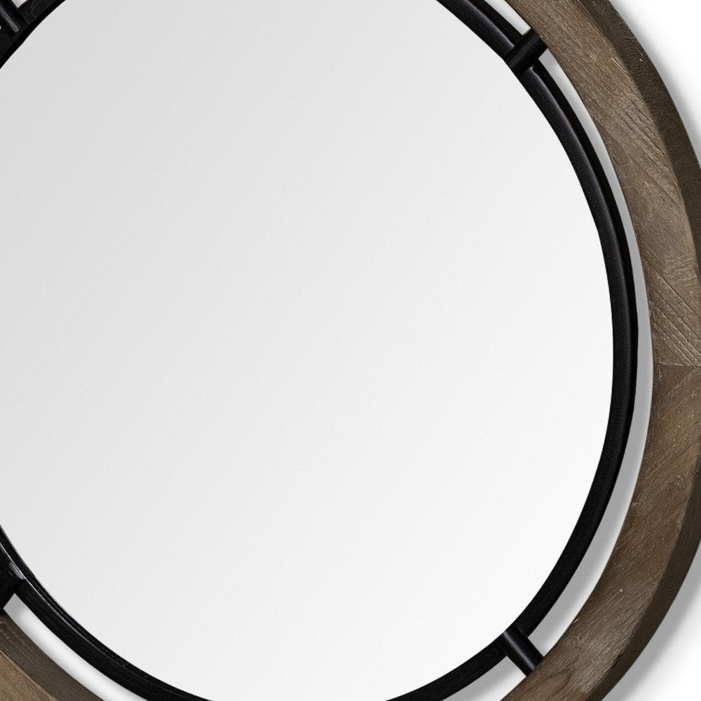 Brown Round Wood Framed Accent Mirror - 28-inch