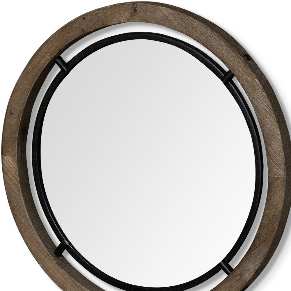 Brown Round Wood Framed Accent Mirror - 28-inch
