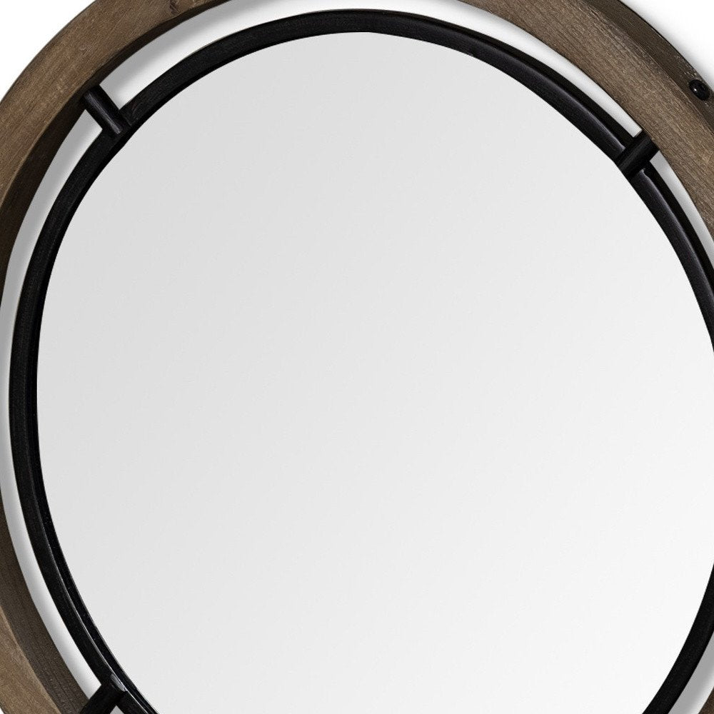 Brown Round Wood Framed Accent Mirror - 28-inch