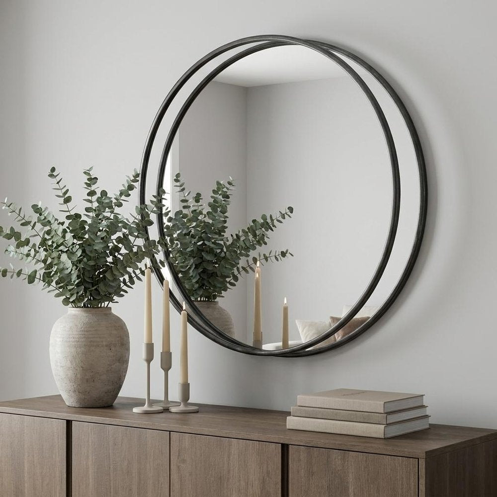 Round Black Metal Frame Wall Mirror - 47-inch