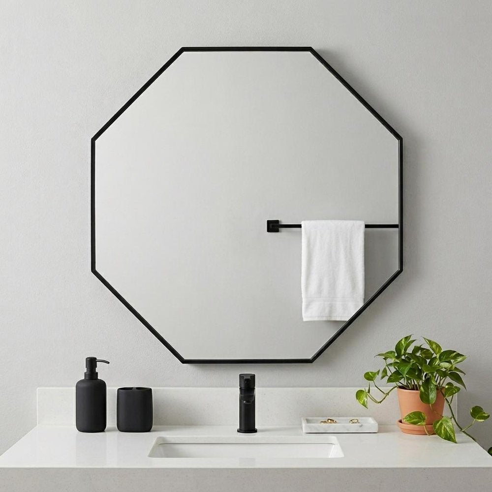 Black Octagon Metal Framed Bathroom Vanity Mirror - 38-inch