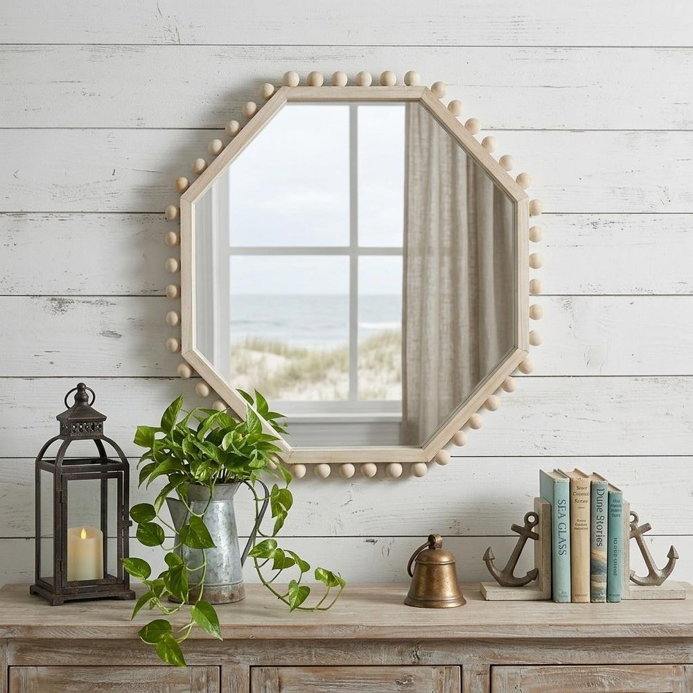 Natural Wood Octagon Beaded Framed Accent Mirror - 33-inch