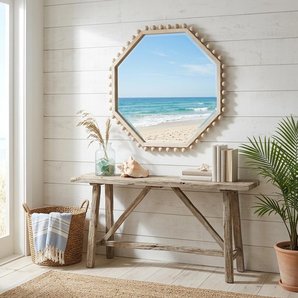 Natural Wood Octagon Beaded Framed Accent Mirror - 33-inch