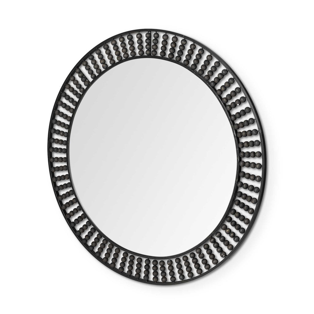 Round Black Metal Frame Wall Mirror with Wood Beads - 42-inch