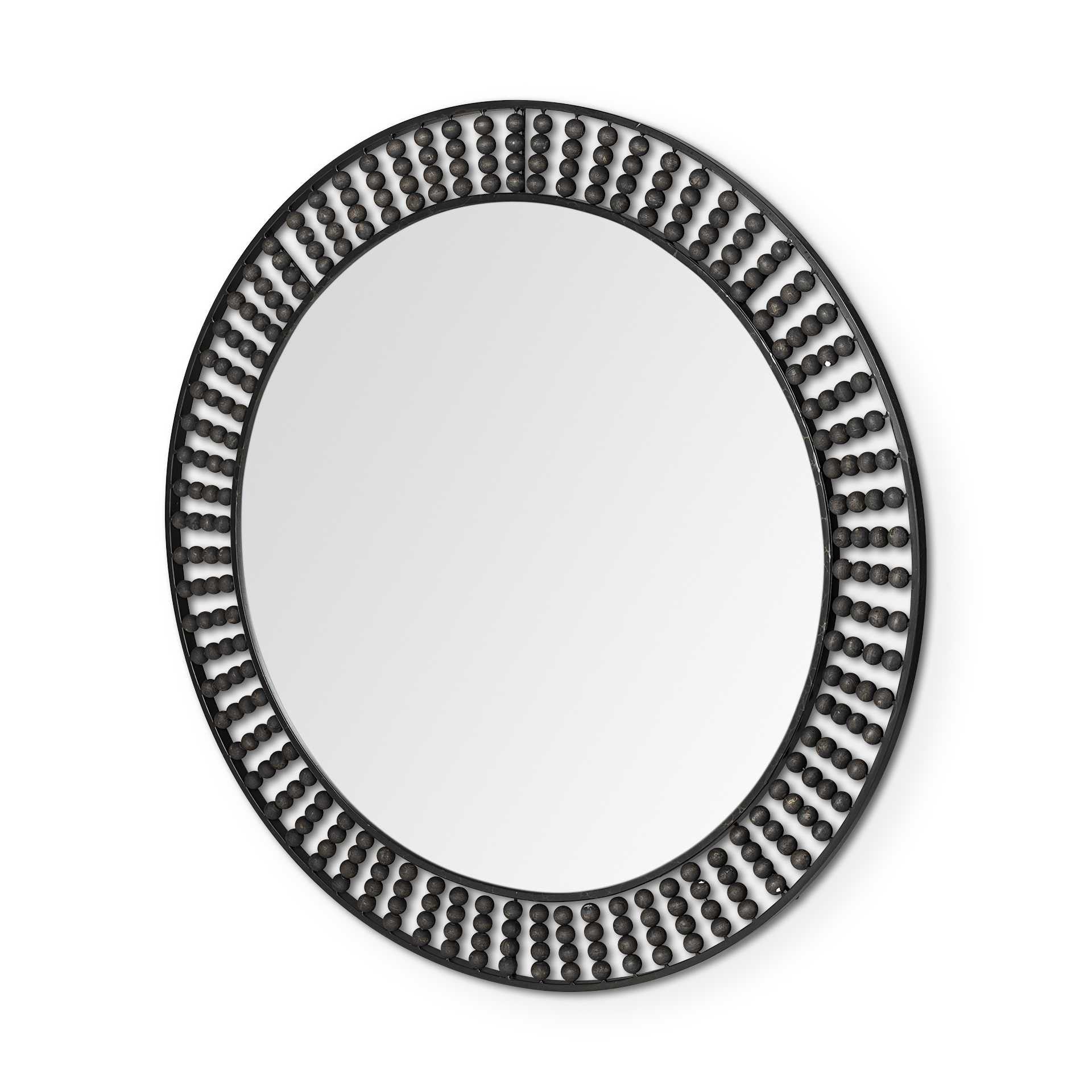 Round Black Metal Frame Wall Mirror with Wood Beads - 42-inch