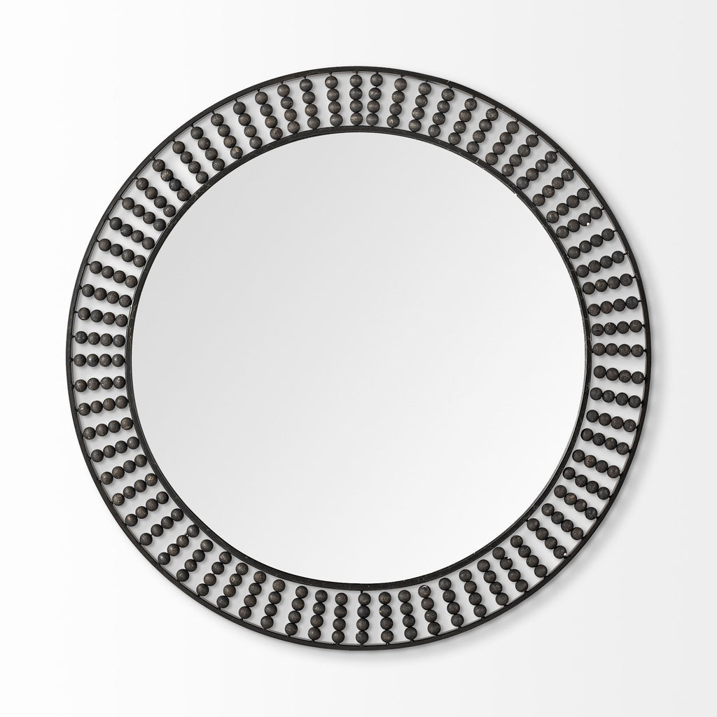 Round Black Metal Frame Wall Mirror with Wood Beads - 42-inch