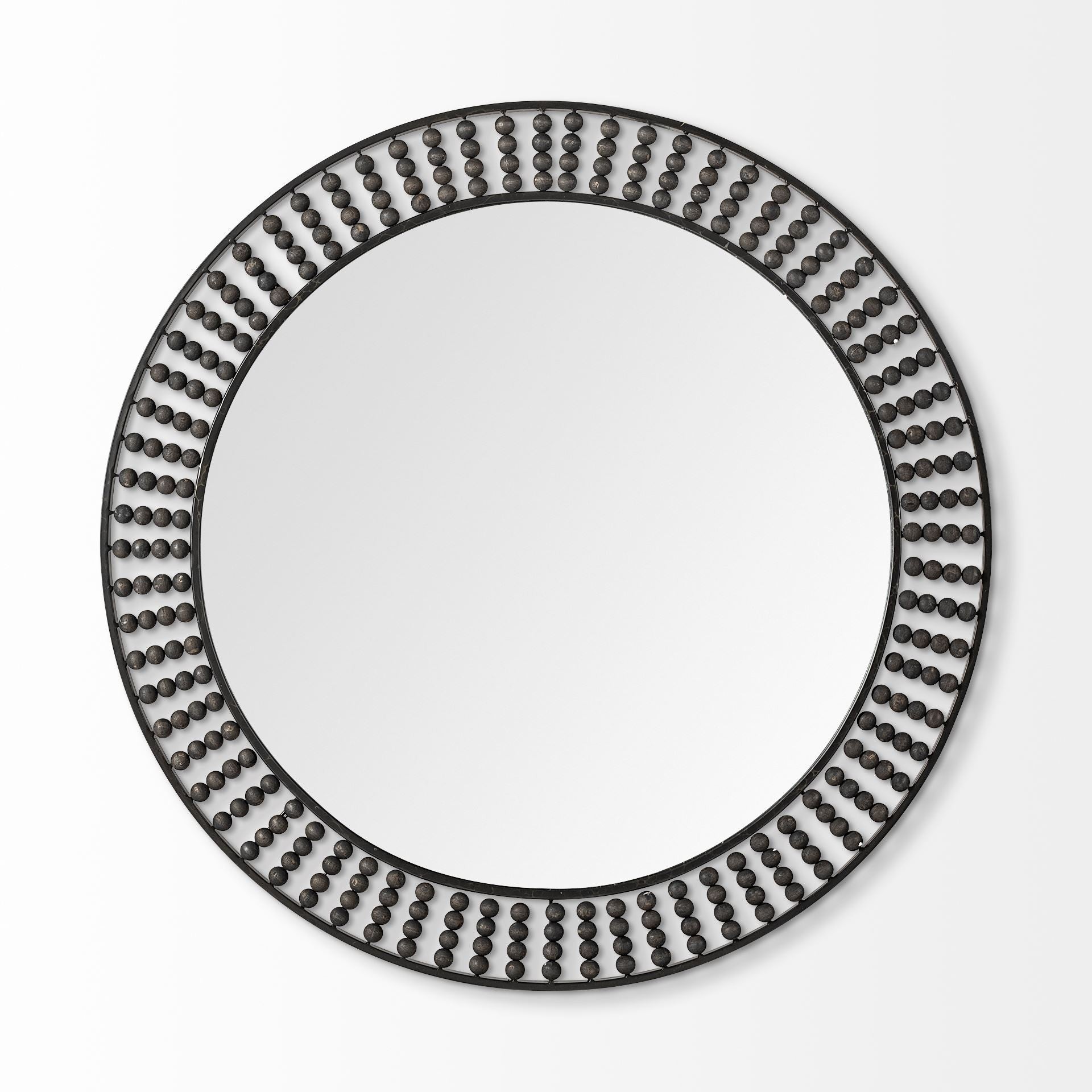 Round Black Metal Frame Wall Mirror with Wood Beads - 42-inch