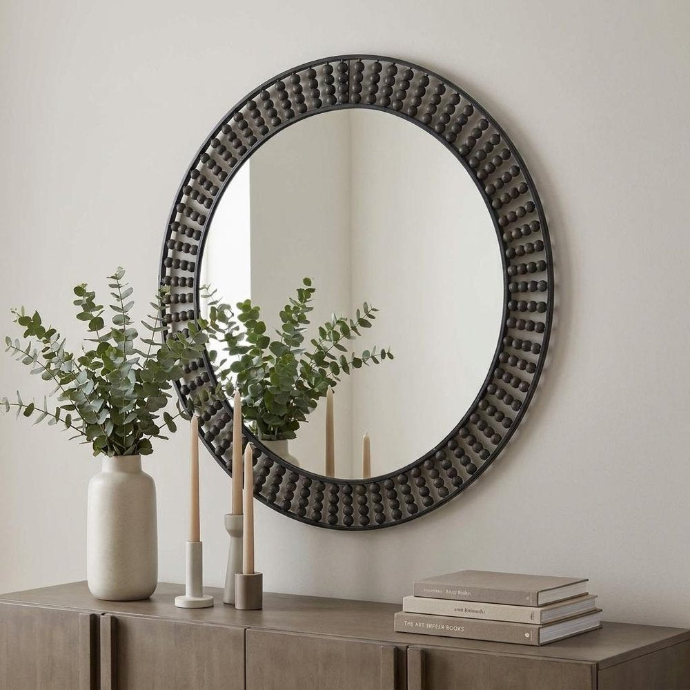 Round Black Metal Frame Wall Mirror with Wood Beads - 42-inch