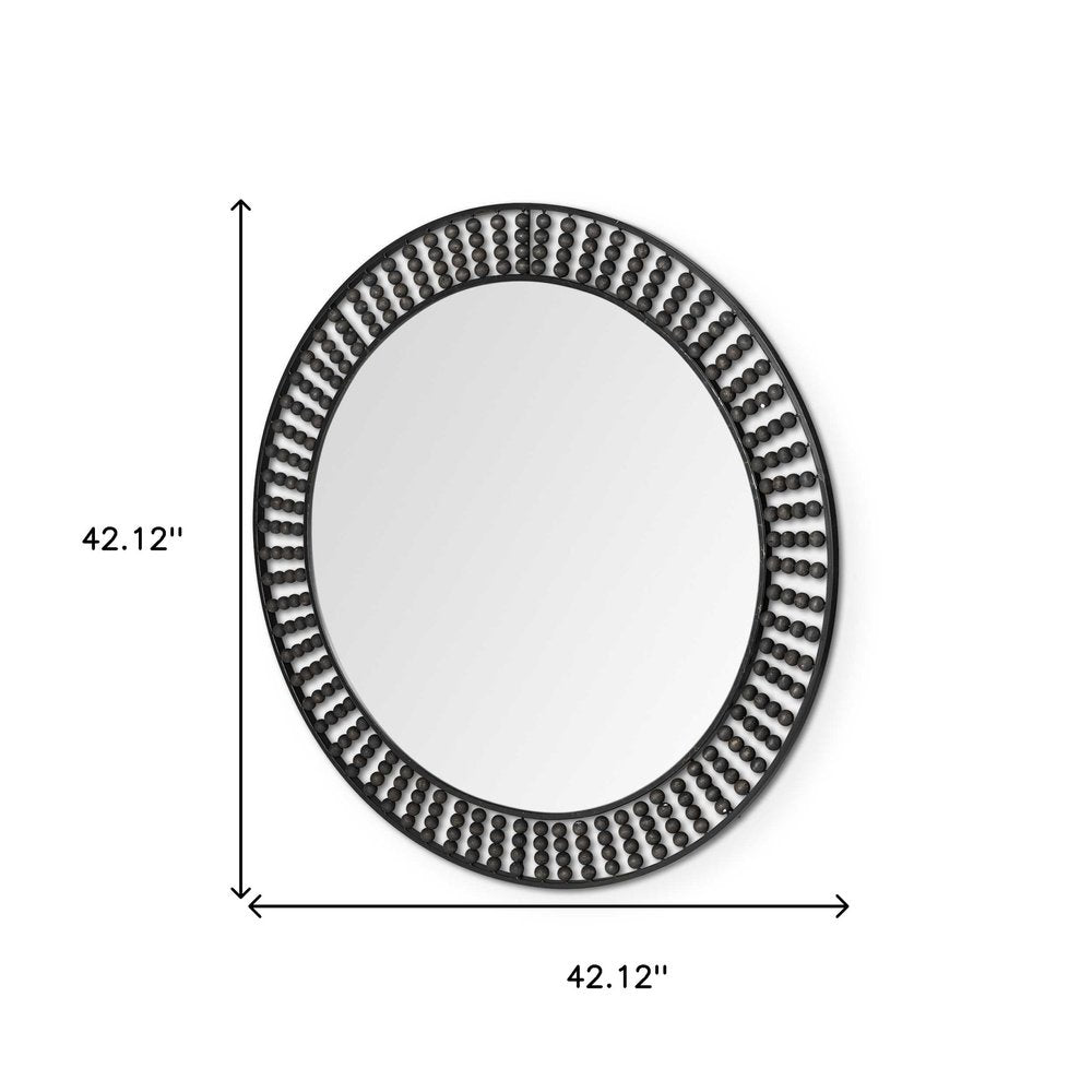 Round Black Metal Frame Wall Mirror with Wood Beads - 42-inch