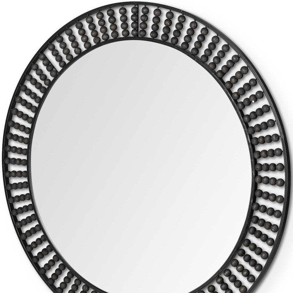 Round Black Metal Frame Wall Mirror with Wood Beads - 42-inch