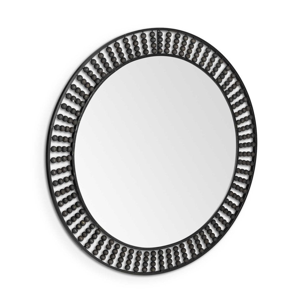 Round Black Metal Frame Wall Mirror with Wood Beads - 42-inch